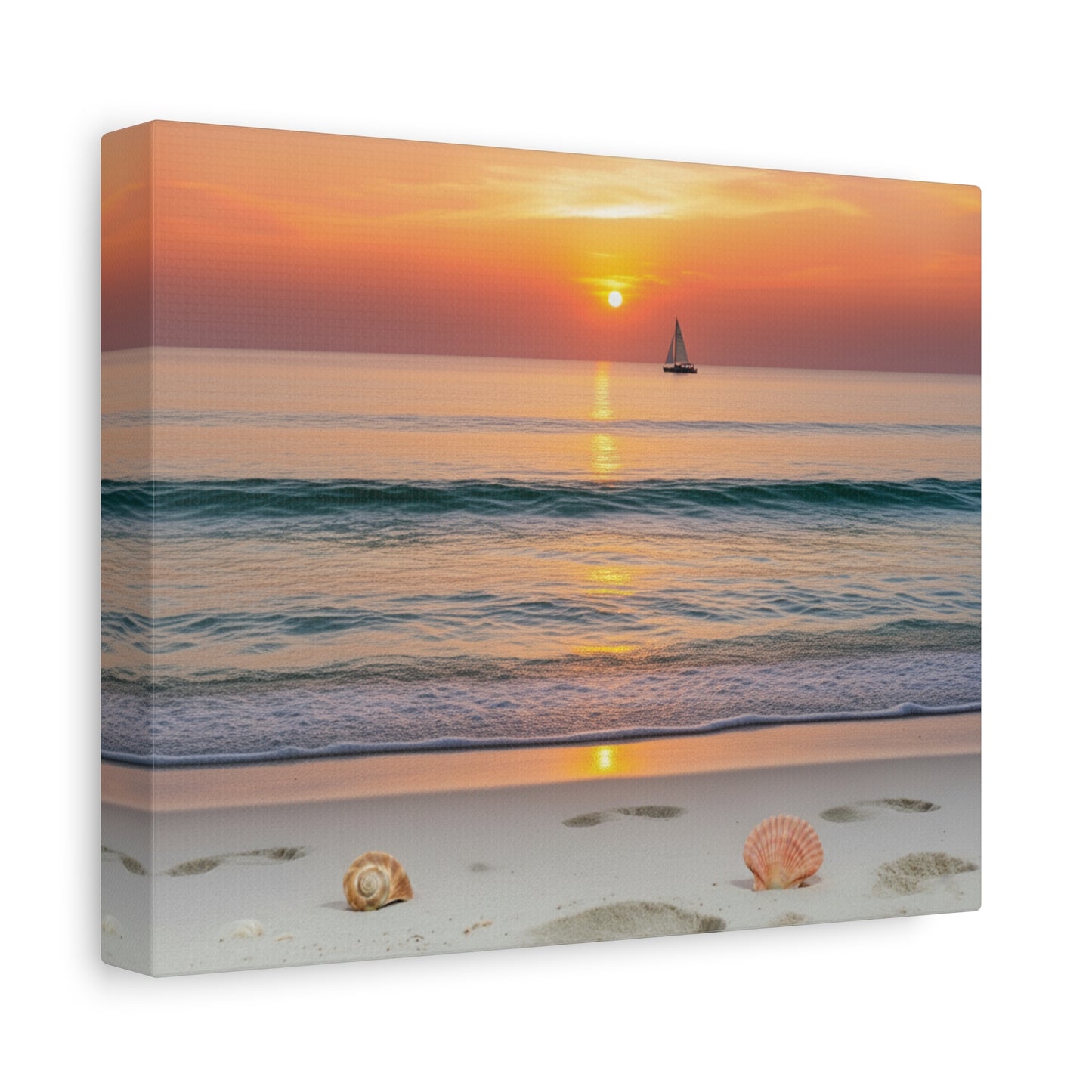Canvas print of a sunset over the ocean with a sailboat and shells on the beach.