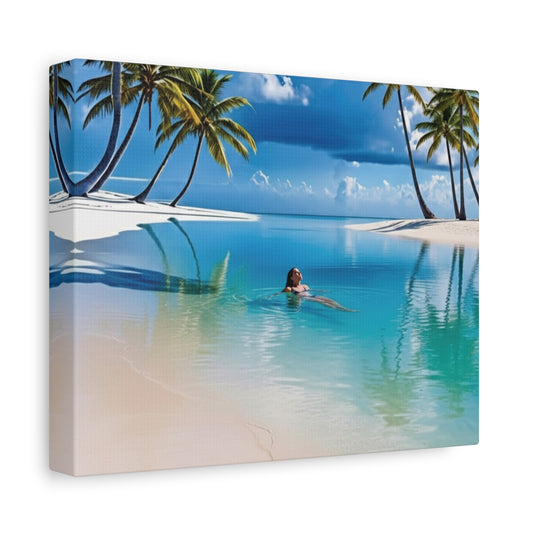 Person swimming in clear blue water with palm trees and a blue sky.