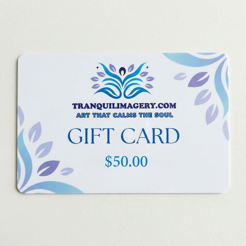 Gift card with Tranquil Imagery branding on a light background
