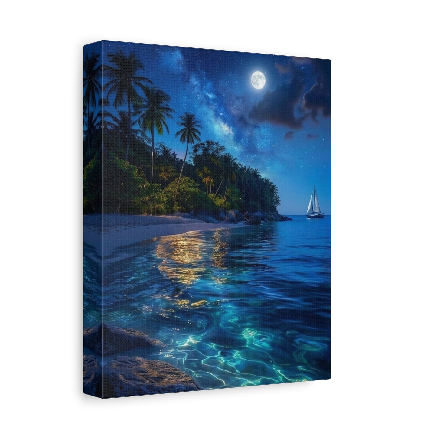 Canvas print of a tropical beach scene with palm trees, a sailboat, and a full moon.