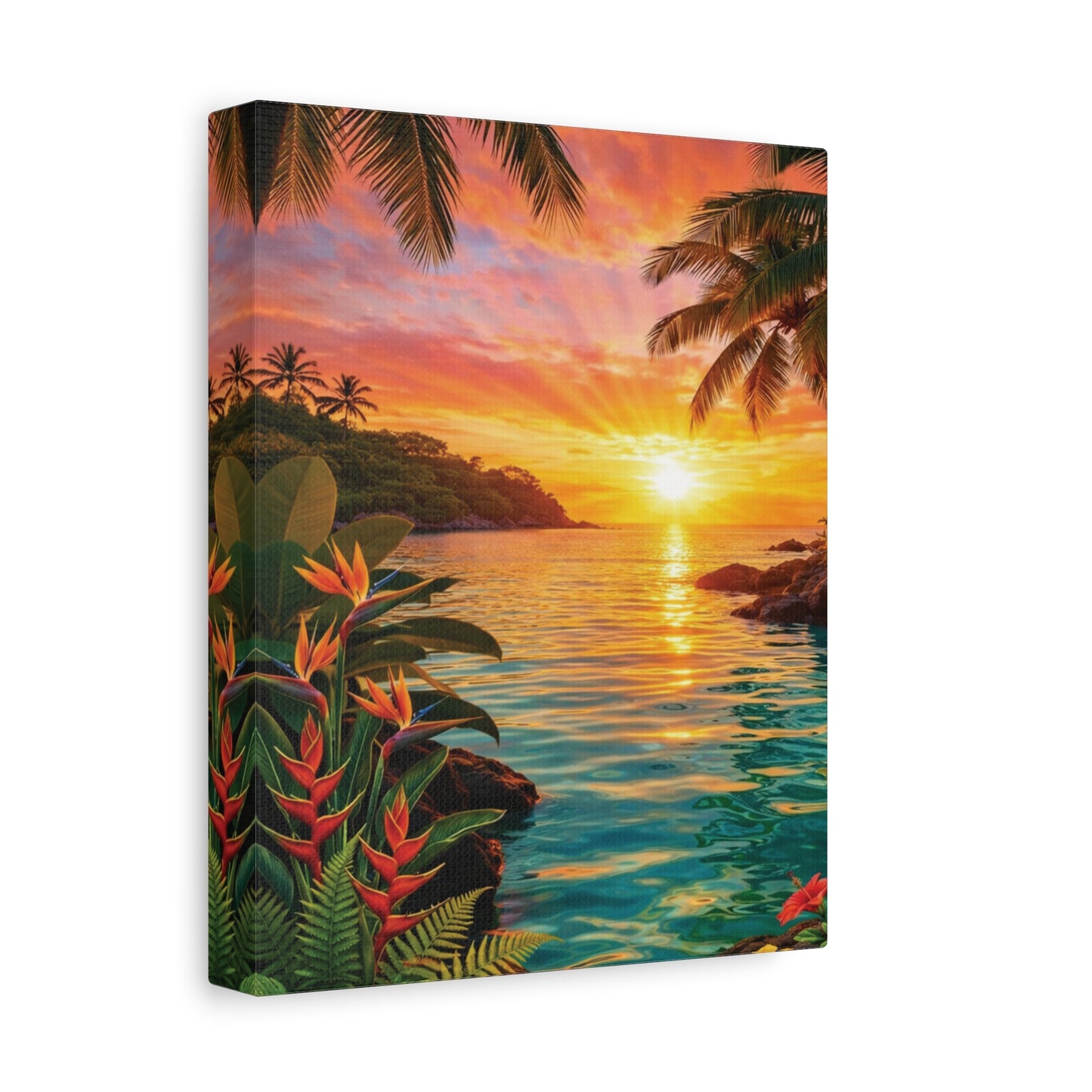Canvas print of a tropical sunrise scene with palm trees and flowers.