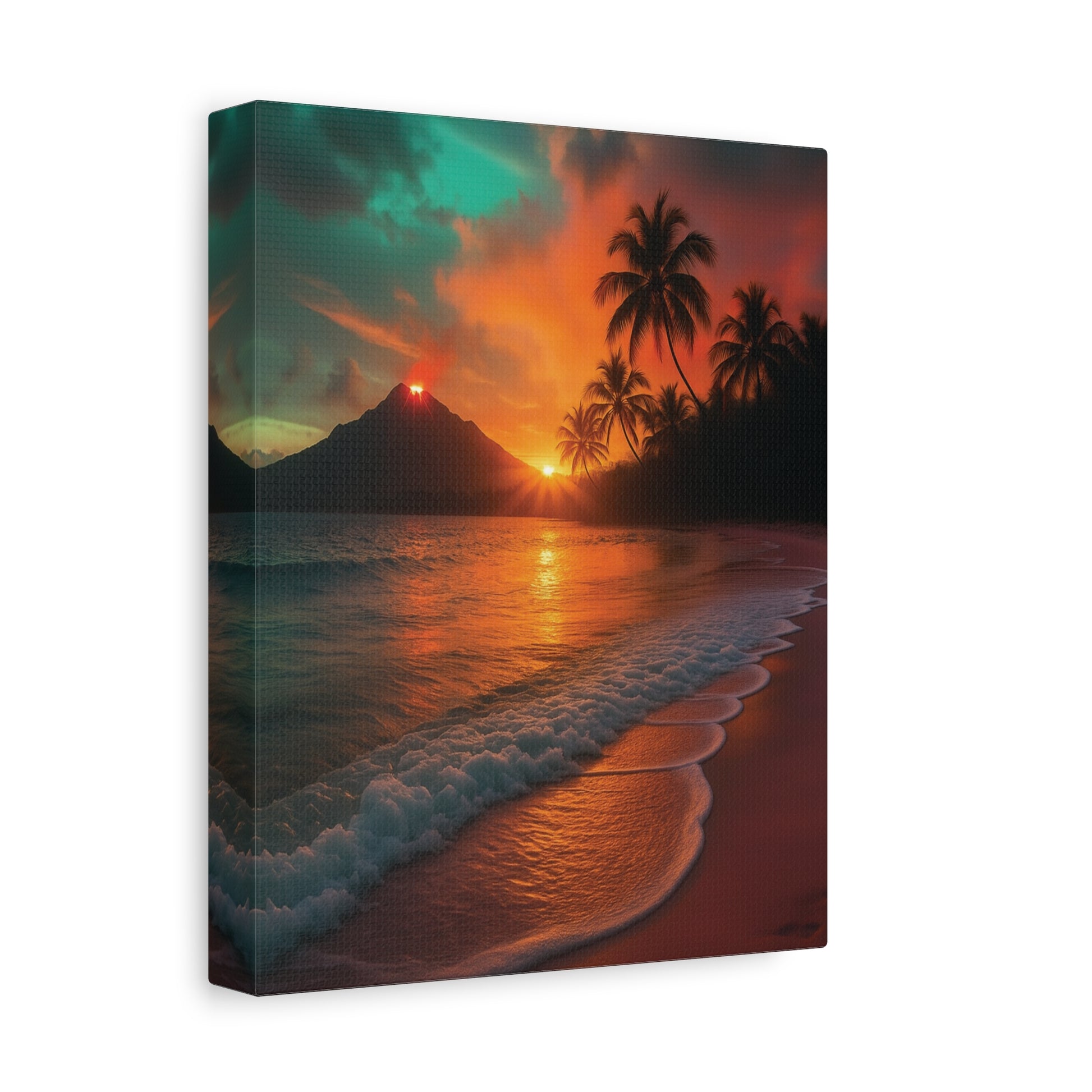 Canvas print of a tropical sunset with palm trees and a mountain.