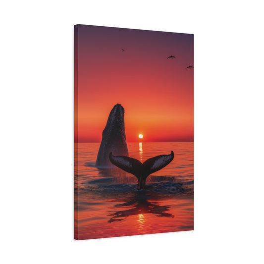 Canvas print of humpback whales in the water with a sunset sky.