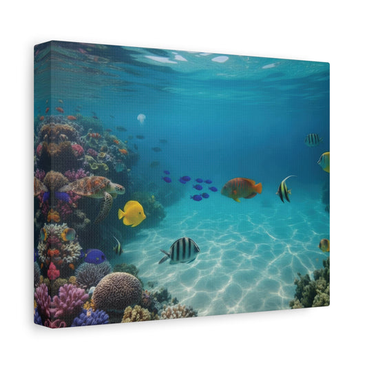 Canvas print of a vibrant underwater scene with fish and coral