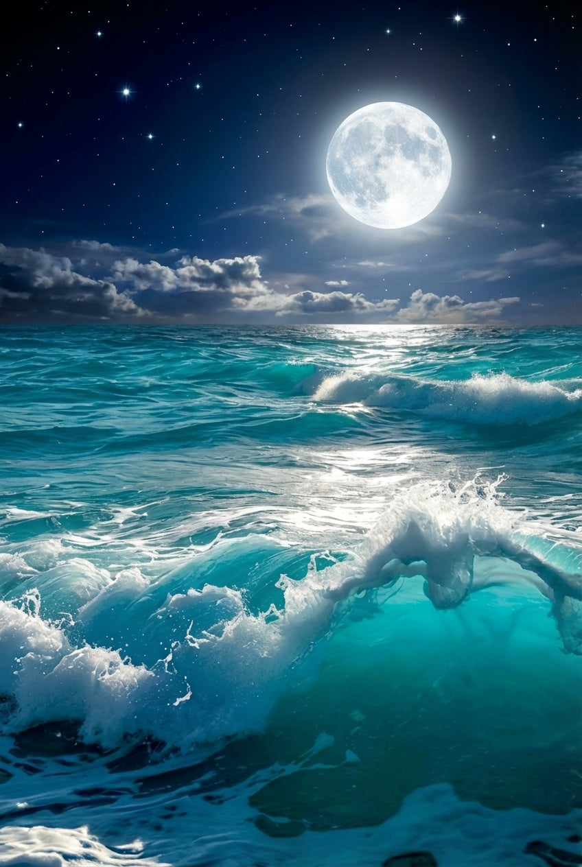 Full Moon Over Blue Ocean Waves Matte Canvas — Stretched 1.25"