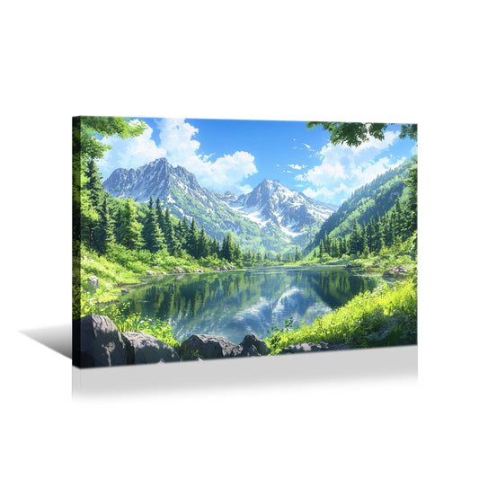 Breathtaking Mountain Lake Majestic Snow-Capped Peaks and Lush Forests Canvas Print Wall Art, Landscape Home Decoration